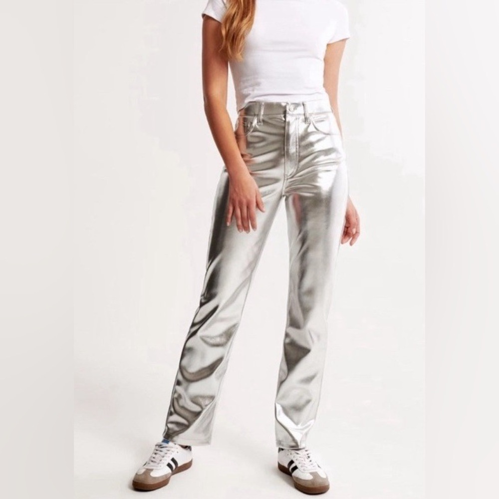 Abercrombie & Fitch The 90s Straight Ultra High Rise Metallic Silver Jeans